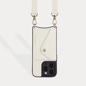 Bandolier Side Slot Leather Crossbody in White/Gold. iPhone 14ProMax.